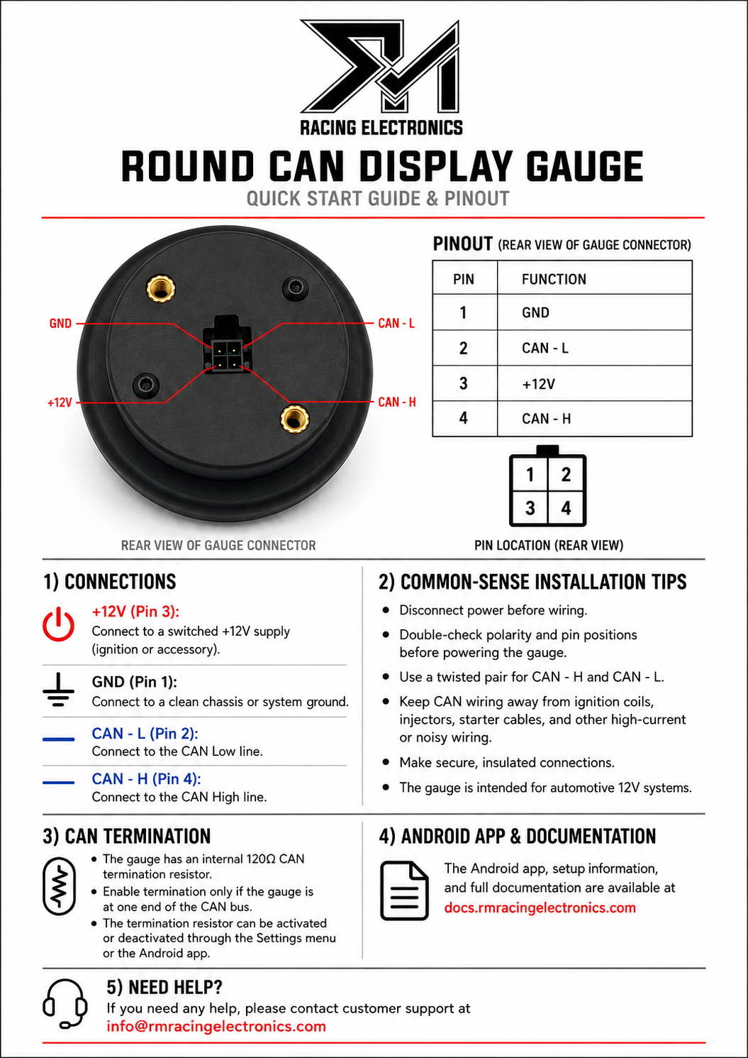 Round CAN Display Gauge — quick start guide and pinout